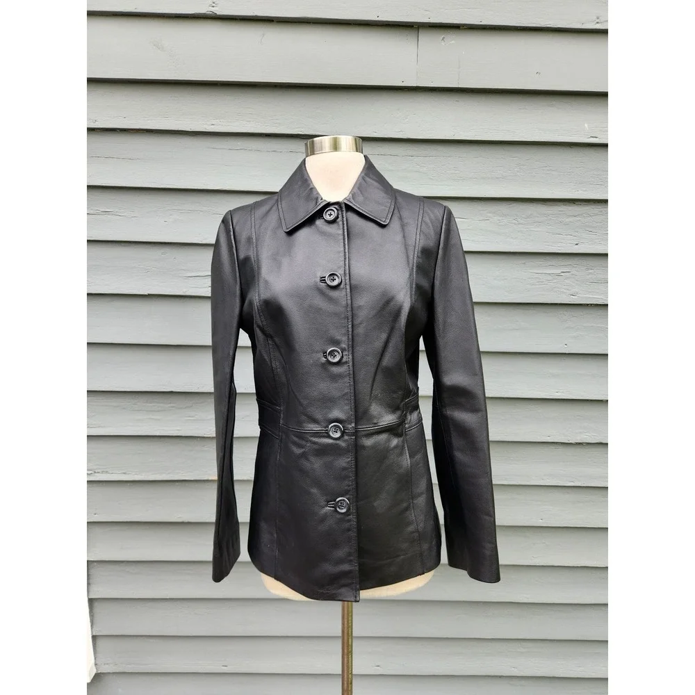 Vintage 90s y2k Leather Jacket Black Button Front Car Coat Burgundy Lining Small